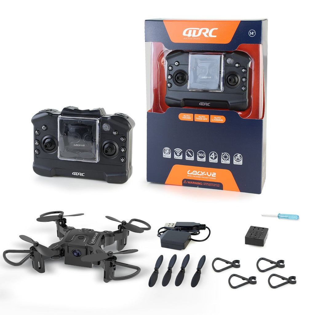 Zawartość zestawu Flygoo: dron, kontroler, akumulator, ładowarka USB, zapasowe śmigła i osłony
